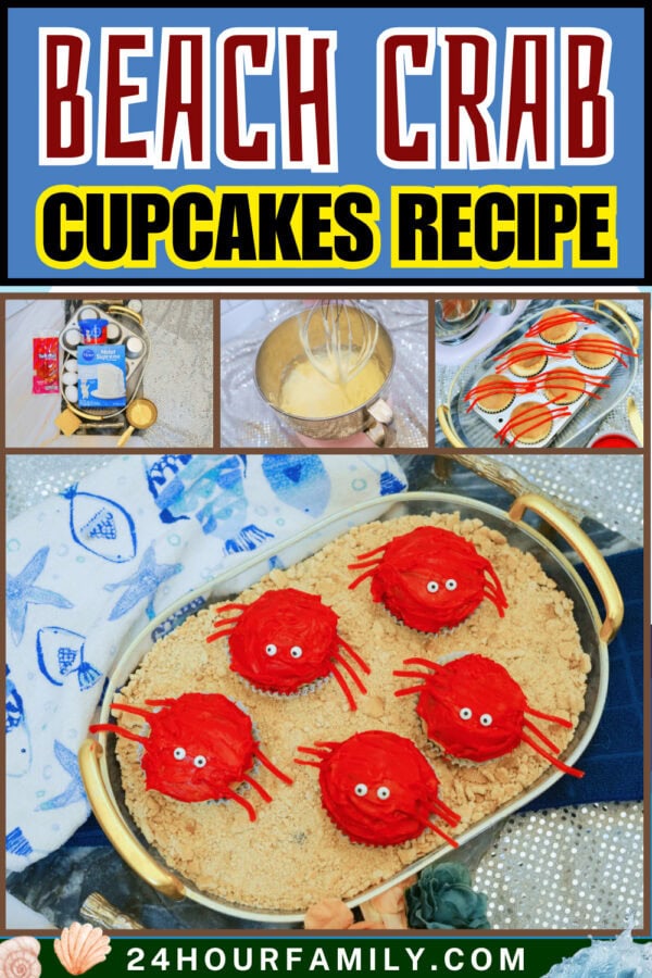 Beach crab cupcakes recipe collage with step images and finished cupcakes