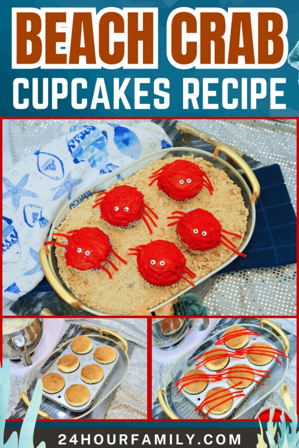 Beach crab cupcakes recipe collage with finished cupcakes and steps

