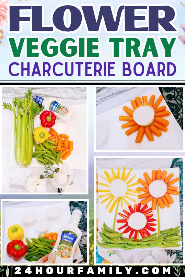 Flower veggie tray charcuterie board collage with vegetable flowers