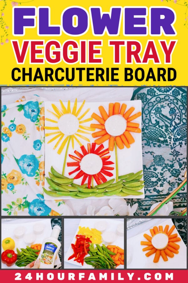 Flower veggie tray charcuterie board collage
