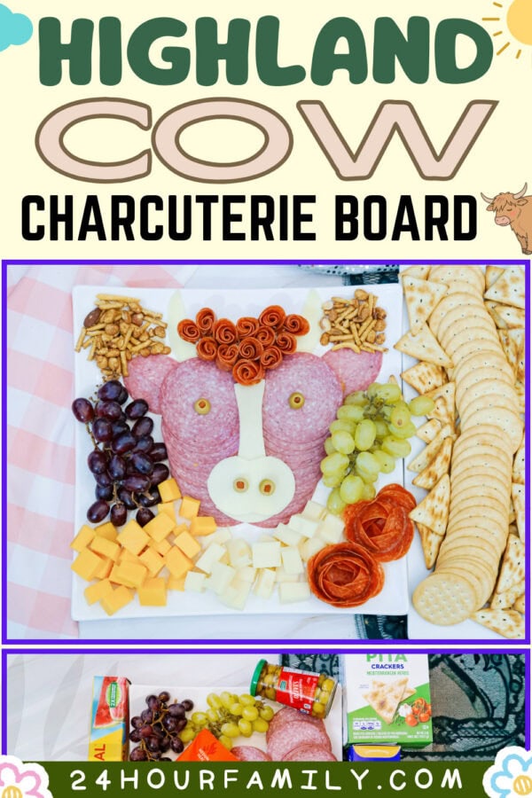 Highland cow charcuterie board collage with ingredients and finished tray