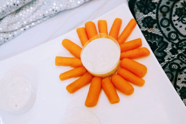 Carrot flower veggie tray with ranch dip