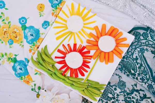Flower veggie tray charcuterie board display