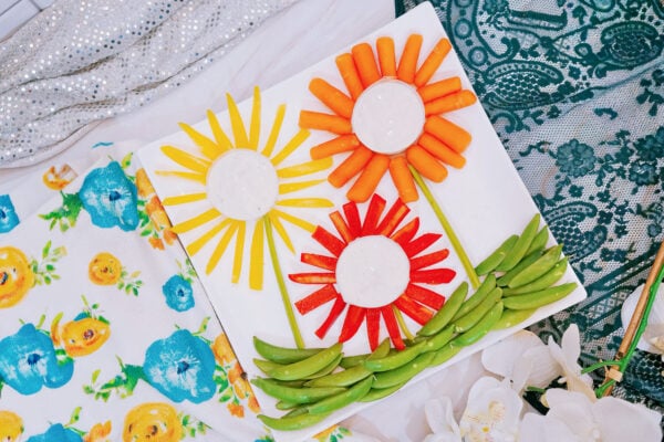 Flower veggie tray with colorful vegetable flowers