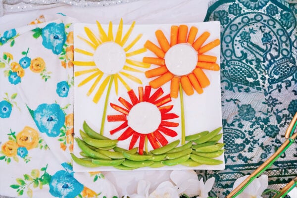 Vegetable flower tray with snap pea grass