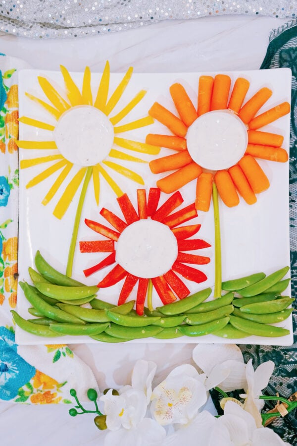 Flower veggie tray charcuterie board close up