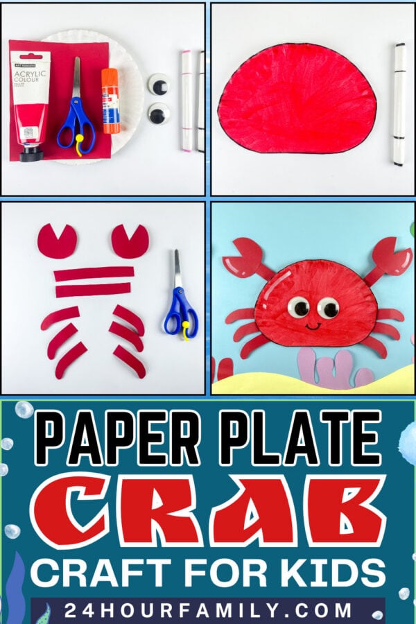 Paper Plate crab craft for kids collage with steps and finished crab