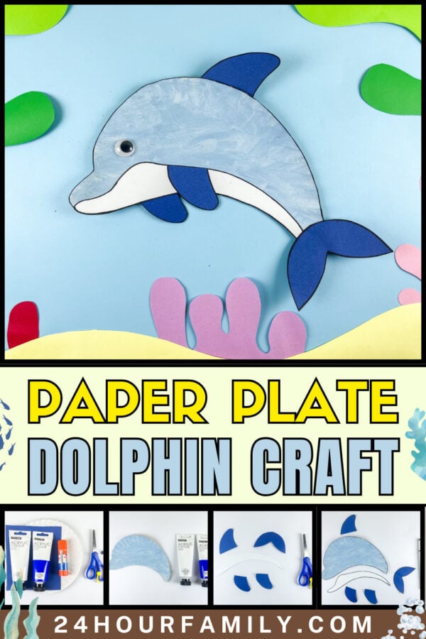 Paper plate dolphin craft collage poster