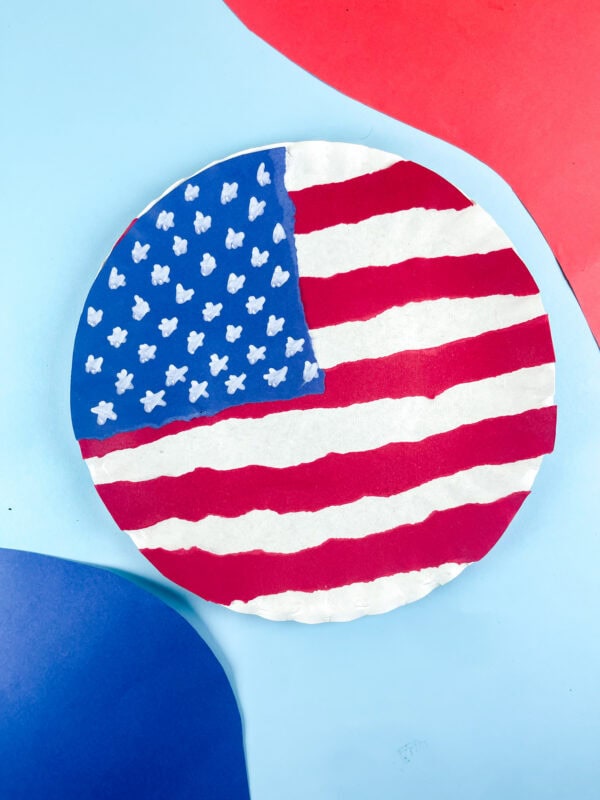 American flag paper plate craft on colorful background