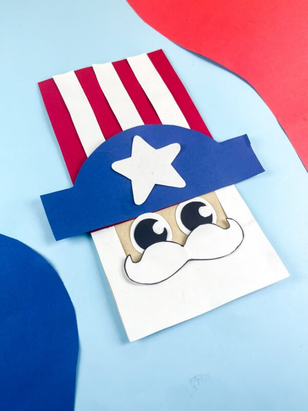 Angled view of Uncle Sam paper bag craft
