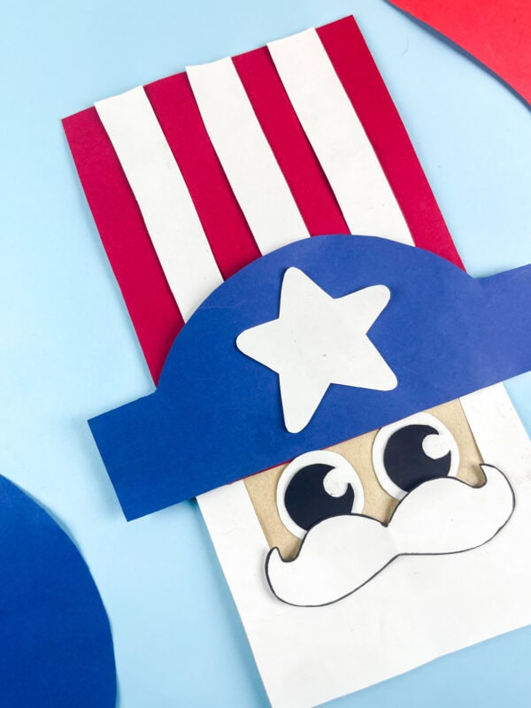 Close-up of Uncle Sam paper bag hat and eyes