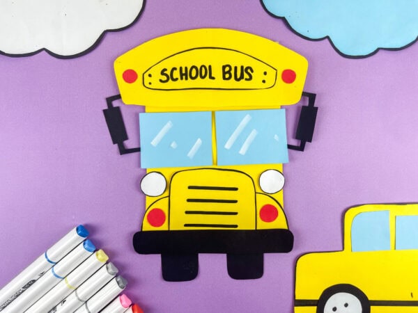 School bus paper craft with markers and bus decoration