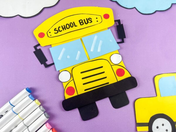 School bus craft displayed on purple background