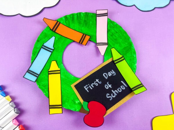 School wreath craft on purple background
