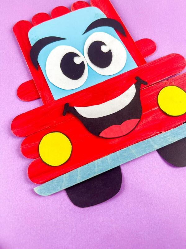 Angled close-up of popsicle stick car