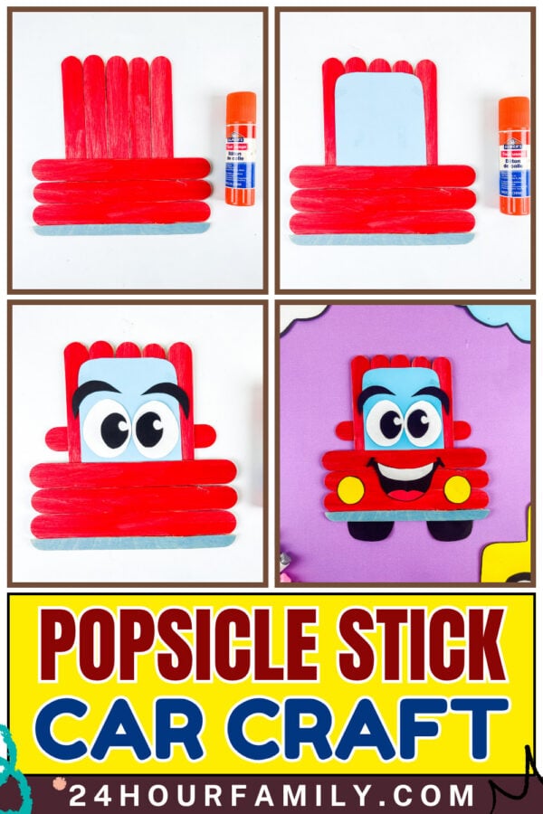 Popsicle stick car craft collage with step-by-step images