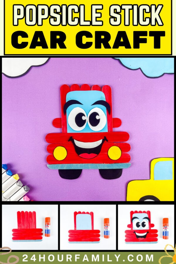 Popsicle stick car craft collage and tutorial preview