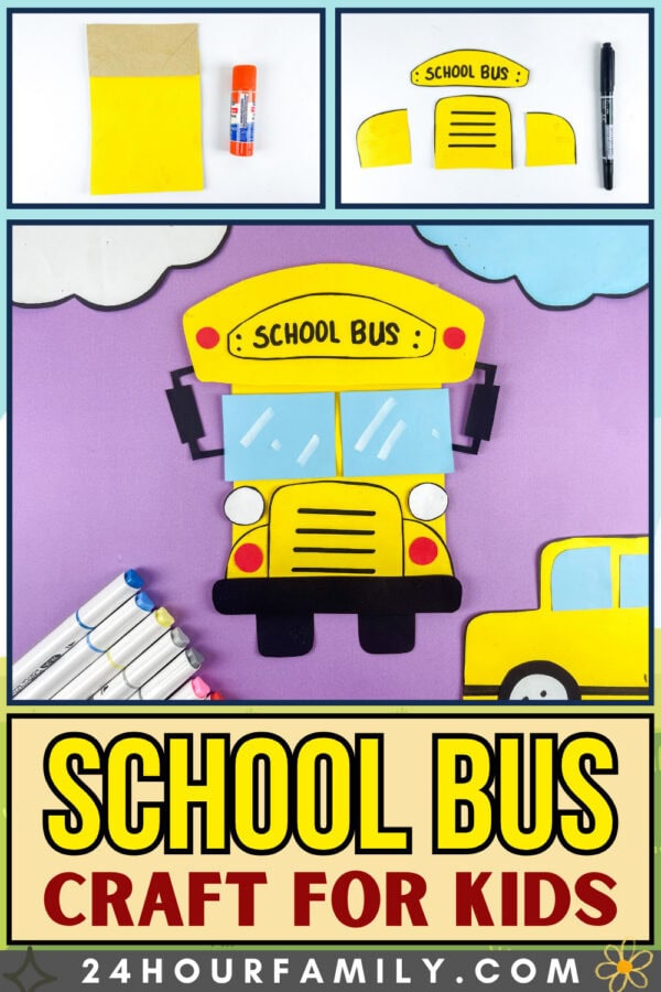 Paper school bus craft for kids display with supplies and finished design