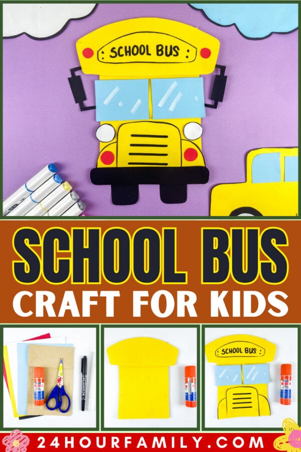 School bus craft collage with finished design and supplies
