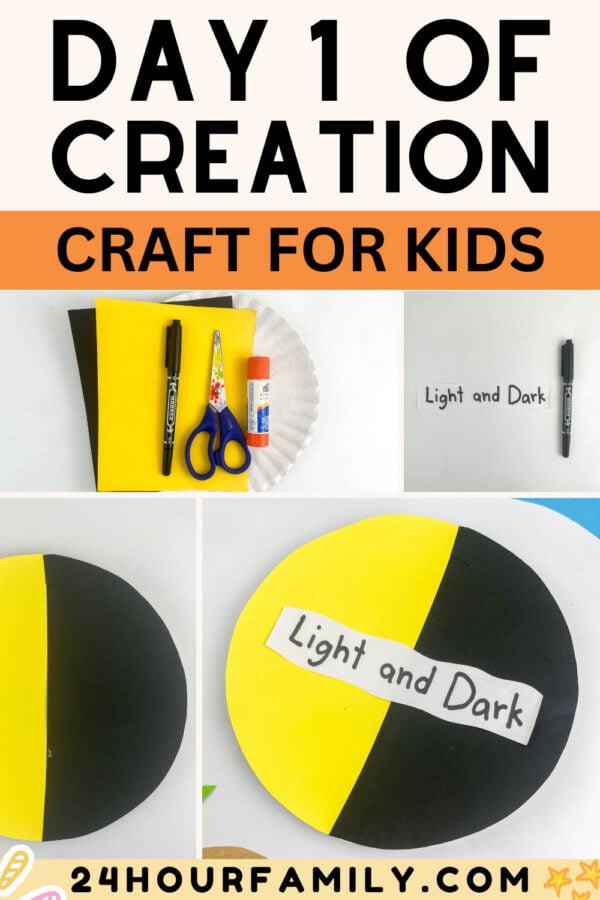 A collage image with text reading "Day 1 of Creation Craft for Kids" showing steps to make a yellow and black paper circle craft.
