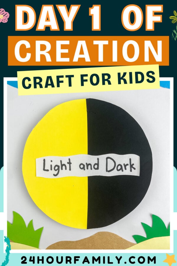 Day 1 of Creation Craft for Kids poster featuring a finished yellow and black paper circle craft.