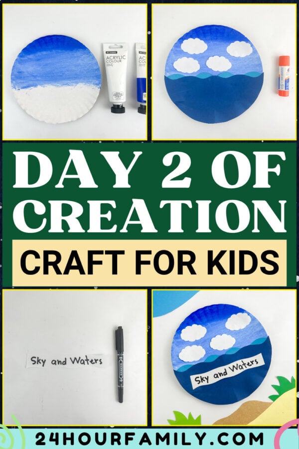 A four-panel collage showing steps for a children's paper plate craft titled Day 2 of Creation Craft for Kids.