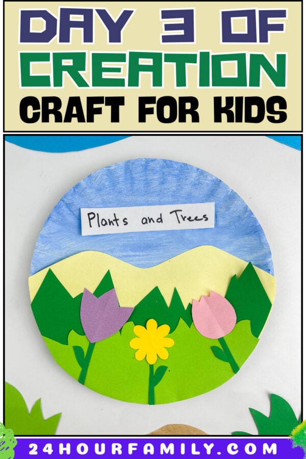 Craft tutorial poster reading "DAY 3 OF CREATION CRAFT FOR KIDS" showing the completed paper plate flower project.