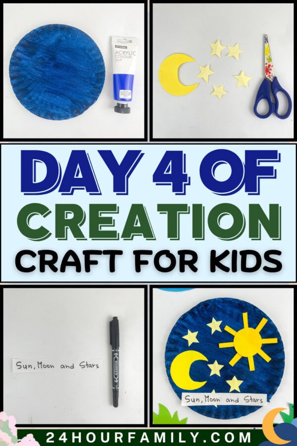 Four-panel craft tutorial collage with text reading Day 4 of Creation Craft for Kids.
