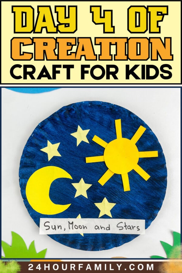 Title image of the paper plate craft featuring a yellow header banner that reads "DAY 4 OF CREATION CRAFT FOR KIDS".