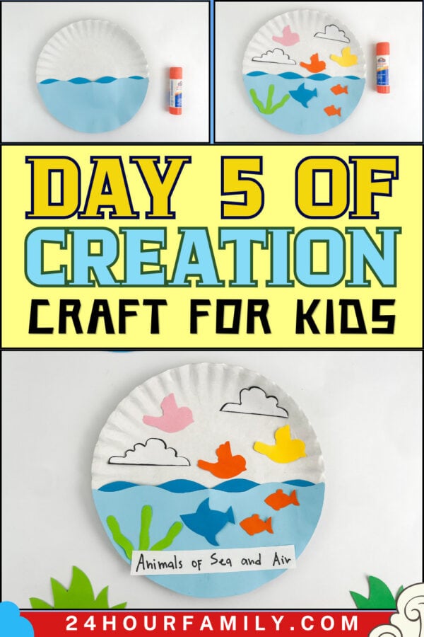 DAY 5 OF CREATION CRAFT FOR KIDS featuring preview steps and the finished paper plate craft.