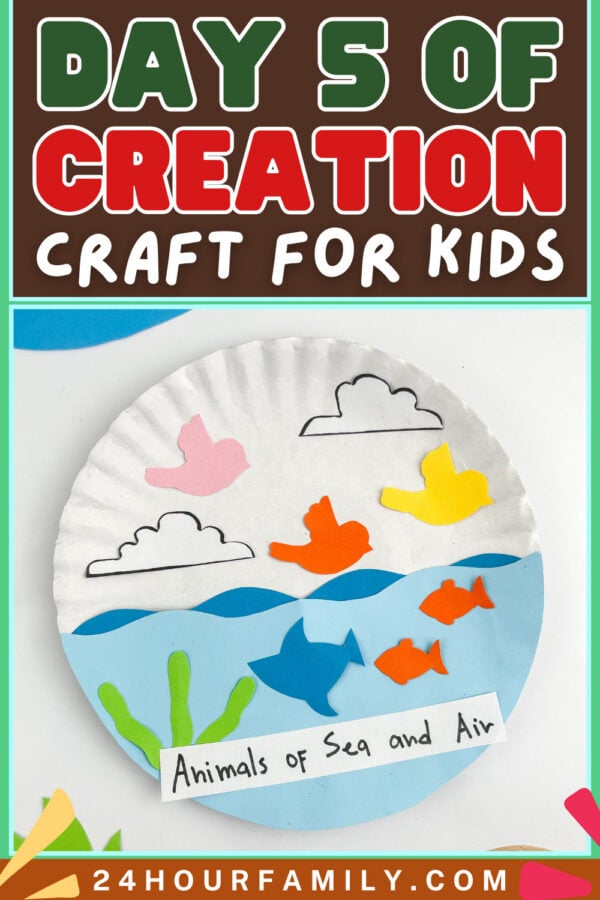 graphic banner reading "DAY 5 OF CREATION CRAFT FOR KIDS" featuring the completed paper plate craft and a website URL at the bottom.