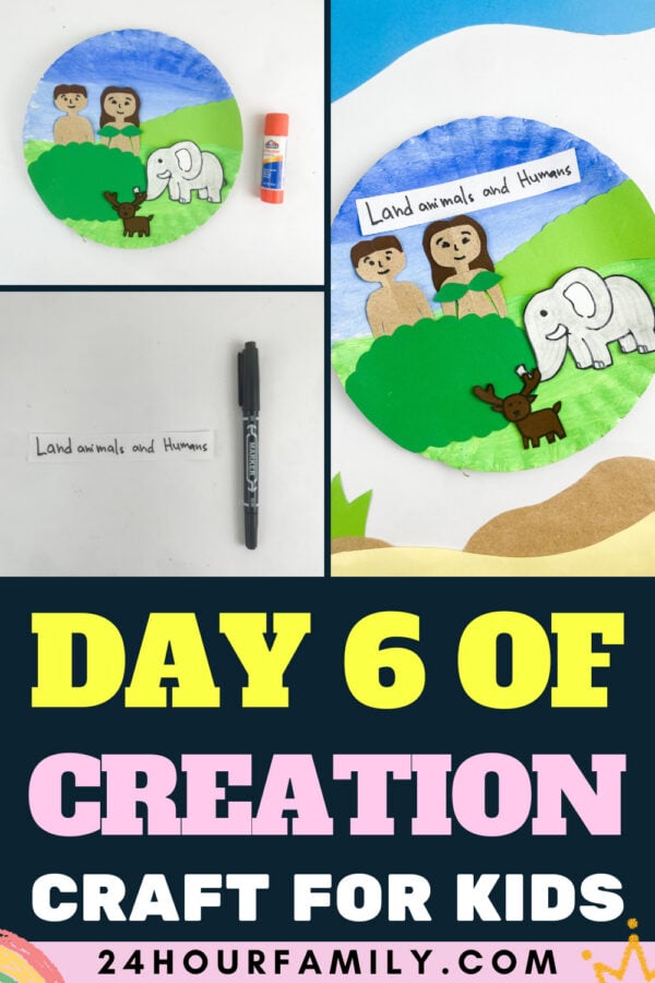 A collage image with text reading DAY 6 OF CREATION CRAFT FOR KIDS showing the final paper plate craft and various craft steps.