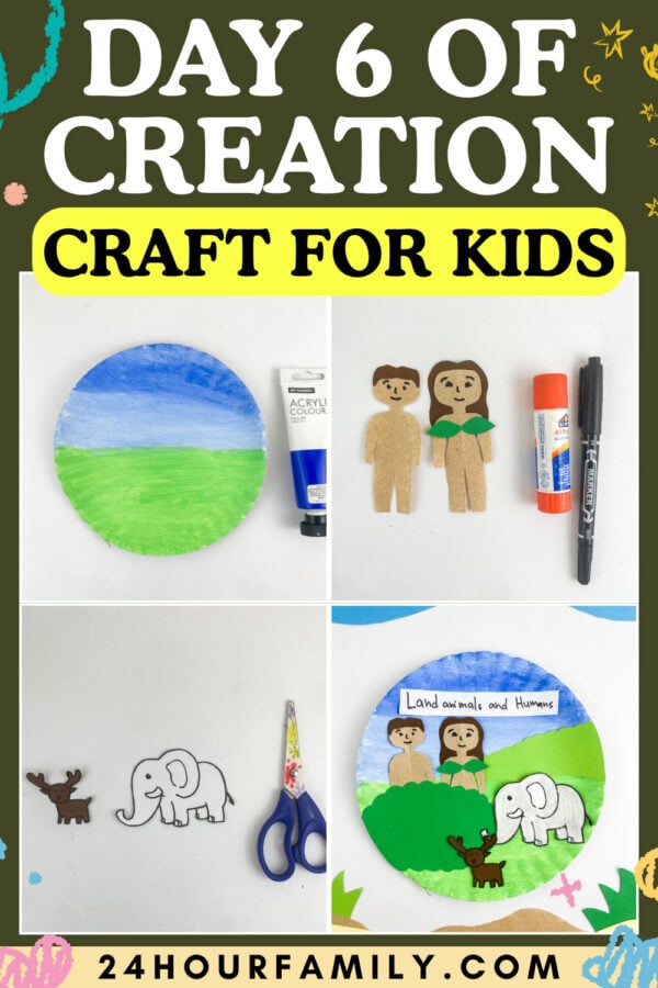 A four-panel collage showing different stages of a children's craft project, with text reading "DAY 6 OF CREATION CRAFT FOR KIDS".