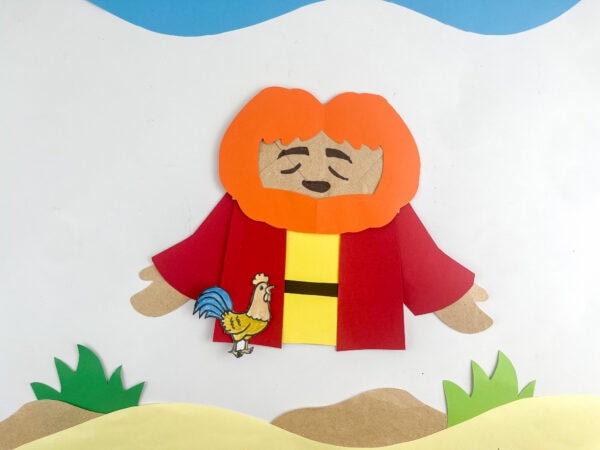 Finished Peter Bible paper craft with rooster