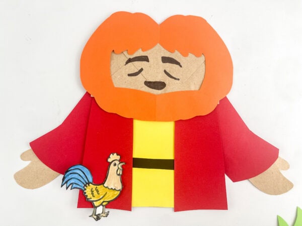 Close up view of Peter Bible paper craft with rooster.