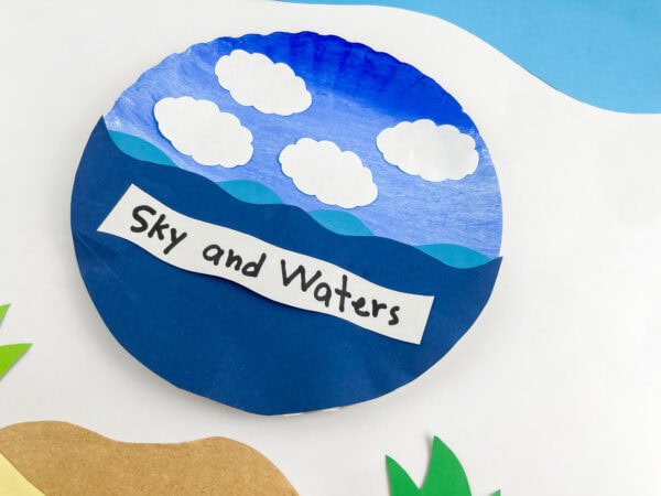 An angled close-up view of the finished paper plate craft labeled "Sky and Waters" on a white background with decorative paper edges.