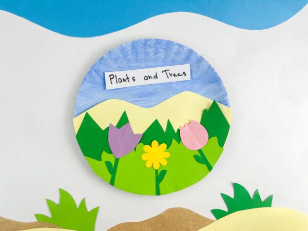 Completed kid's craft on a round paper plate depicting a blue sky, hills, green grass, and colorful paper flowers labeled "Plants and Trees".