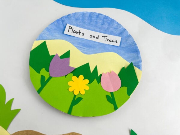High-angle shot of the completed round paper plate craft depicting mountains, grass, and colorful flowers.