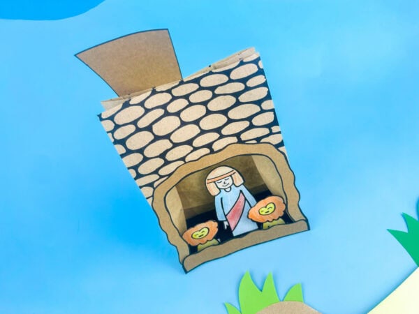 Angled view of the finished craft on a blue background.