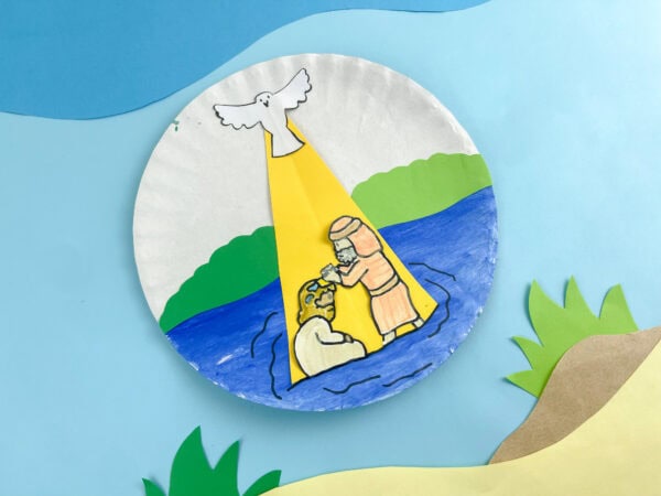 Baptism of Jesus craft with paper landscape background