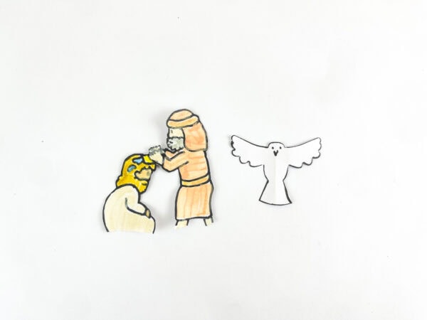 Colored Jesus, John, and dove cutouts
