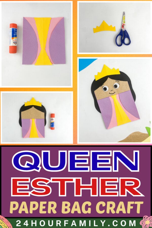 Collage of four steps for a Queen Esther paper bag craft, with title text Queen Esther Paper Bag Craft