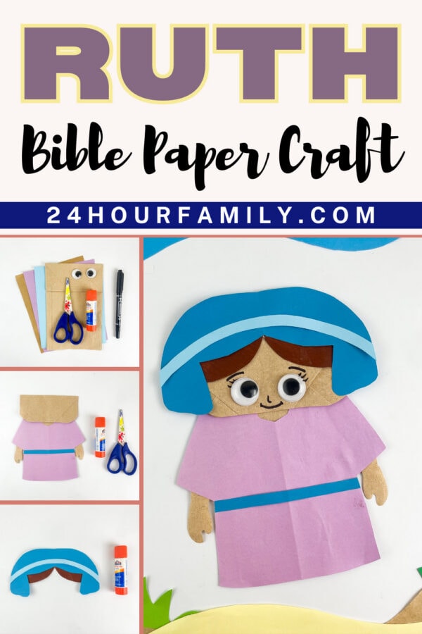 Completed Ruth Bible craft for kids made with a paper bag and colorful construction paper