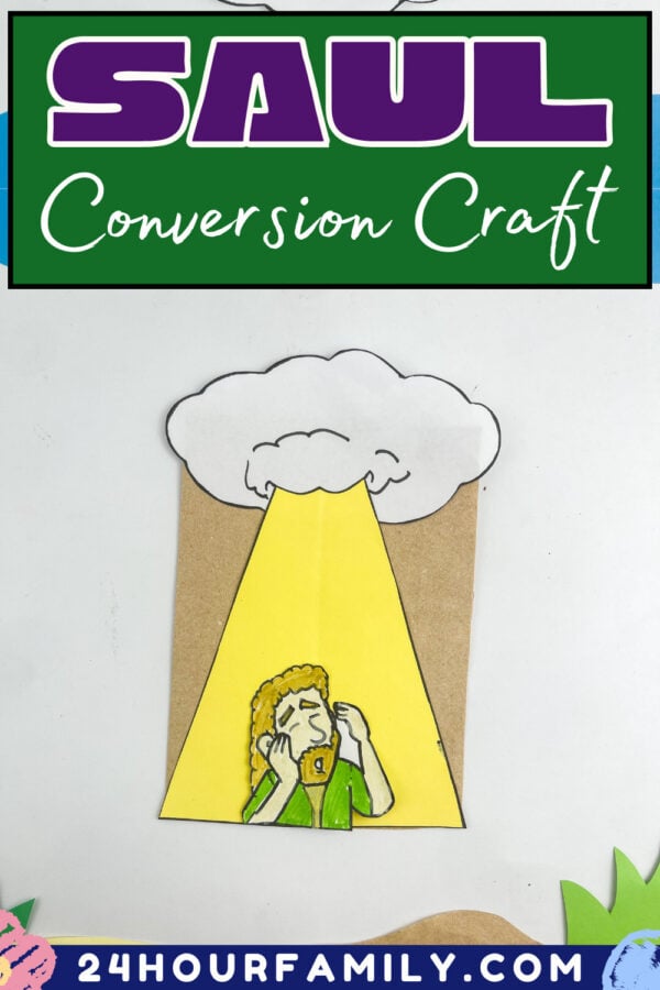 Finished Saul conversion paper bag craft with a green text banner reading SAUL Conversion Craft.