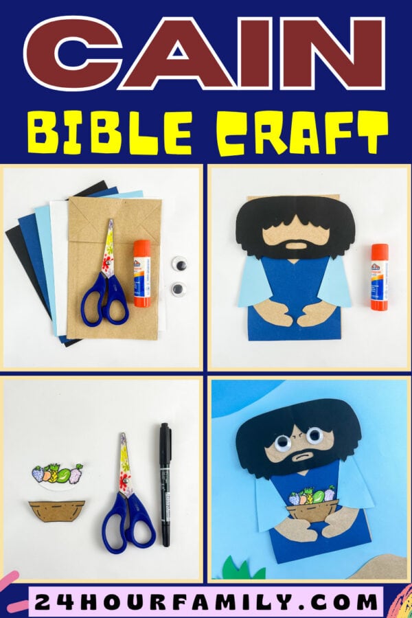 Cain Bible craft for kids collage with supplies, steps, and finished craft.