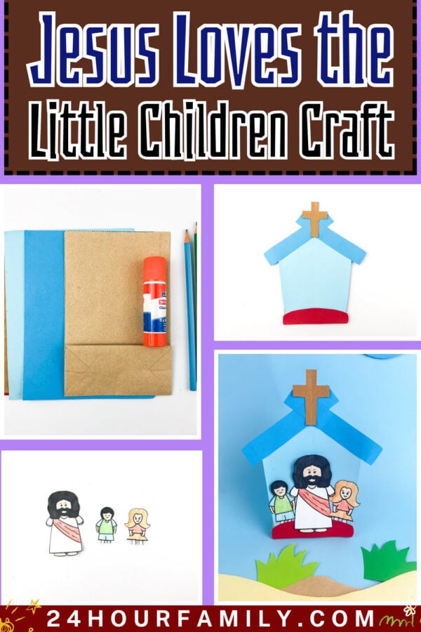 Collage showing the Jesus Loves the Little Children craft materials and finished project