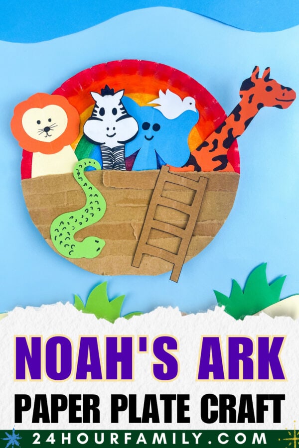 Title image of Noah's Ark paper plate craft with lion, zebra, dove, giraffe, and snake.