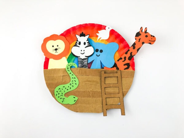 completed rainbow paper plate for Noah's Ark craft close-up red orange yellow green blue purple arcs