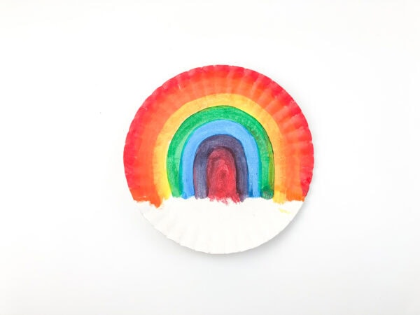 Paper plate painted with a rainbow arc and white clouds at the bottom.