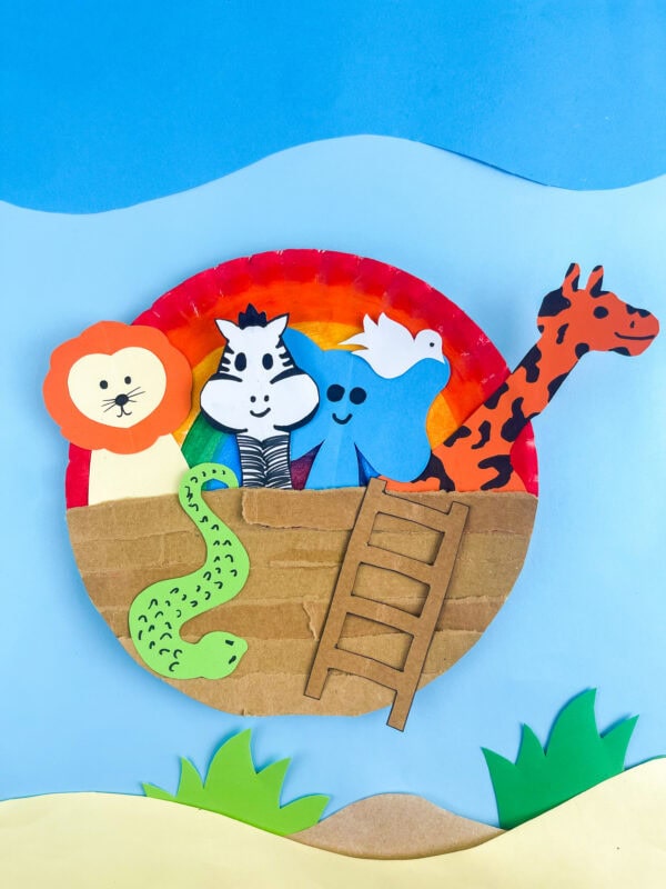 Noah's Ark craft template pieces with black marker details giraffe spots lion face zebra stripes snake scales

